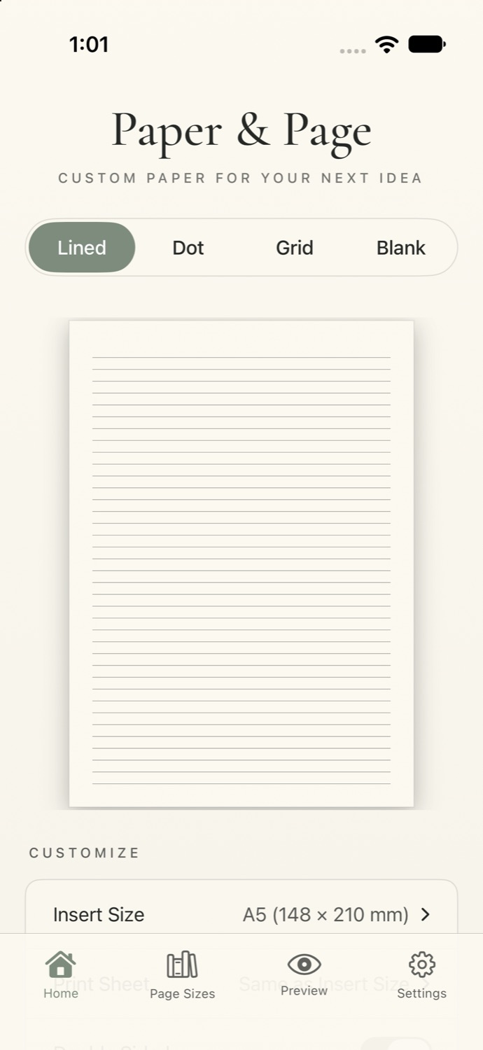Paper & Page on iPhone, showing the paper style selector and lined-page preview