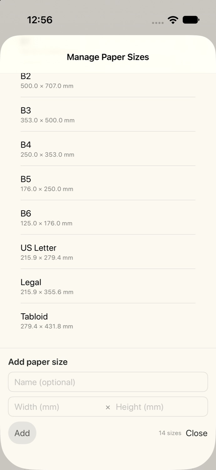 Paper size manager with standard and custom sizes