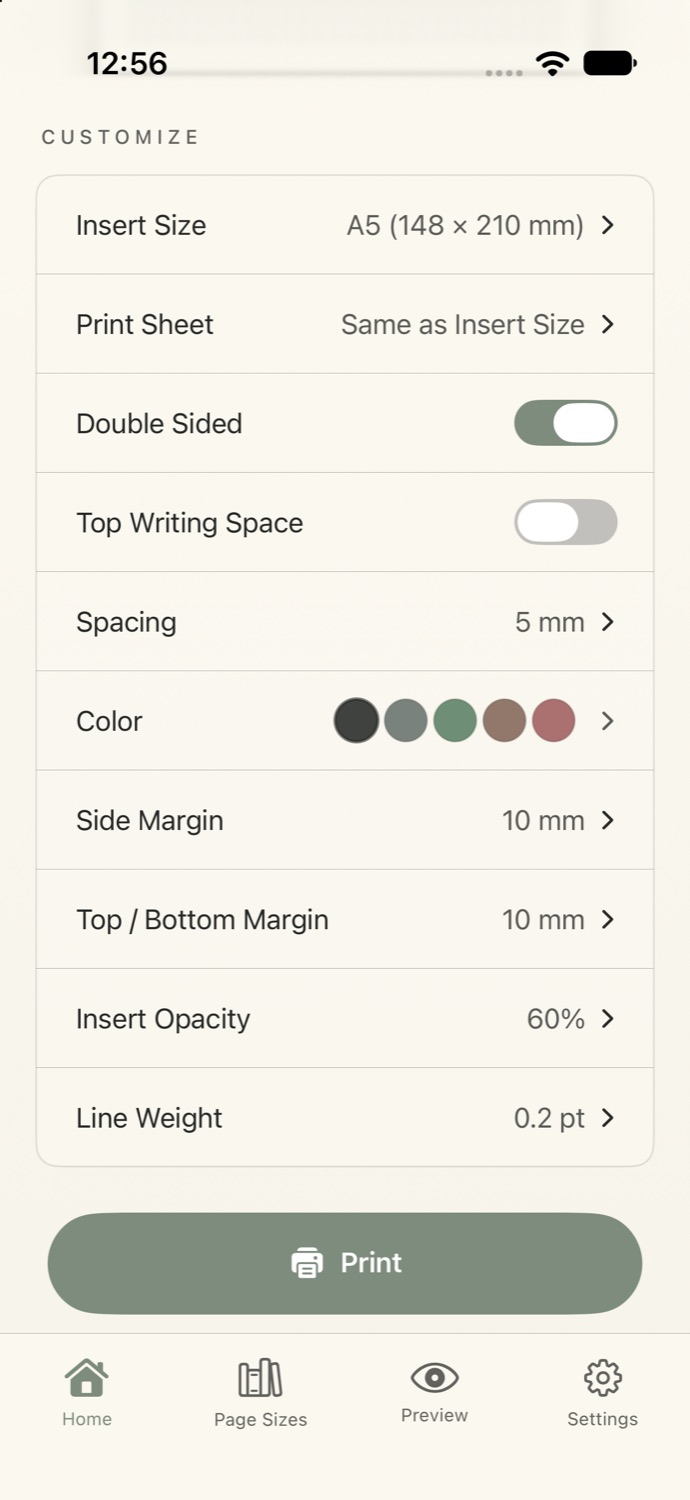 Paper & Page controls for print size, double-sided printing, color, spacing, and margins